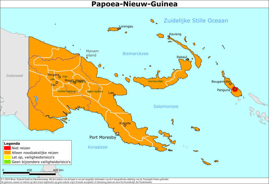 reisadvies kaart Papoea-Nieuw-Guinea