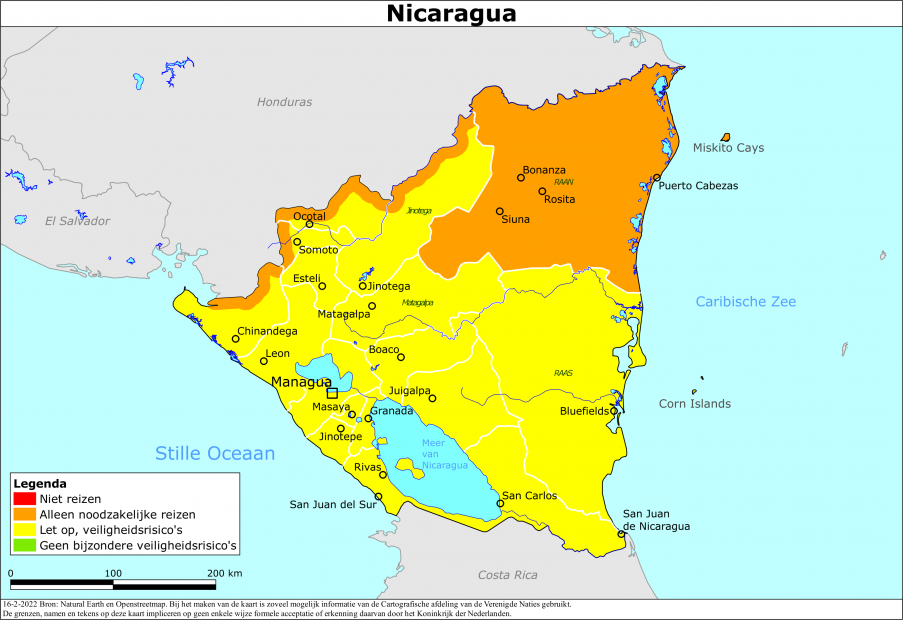 reisadvies kaart Nicaragua