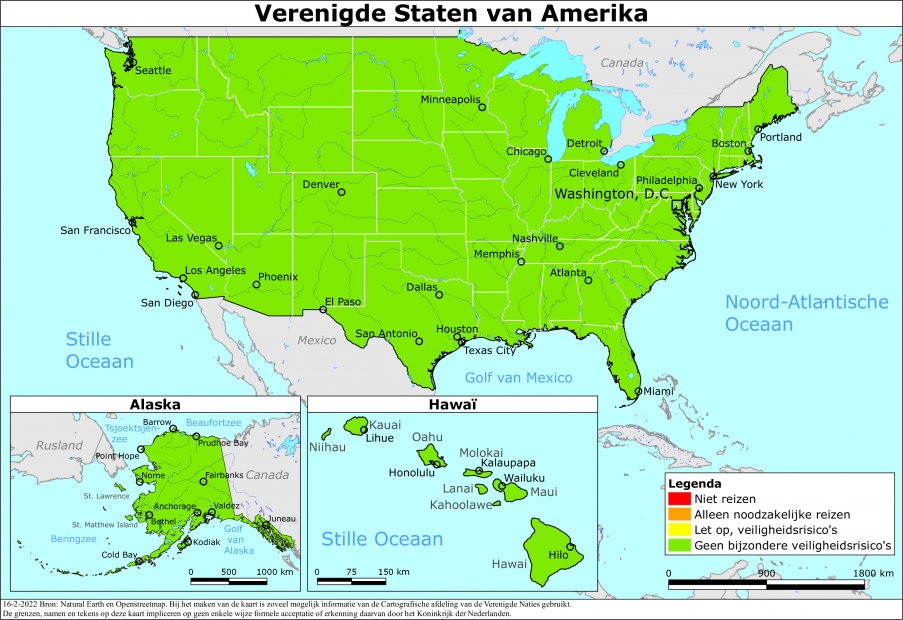 reisadvies kaart Verenigde Staten van Amerika