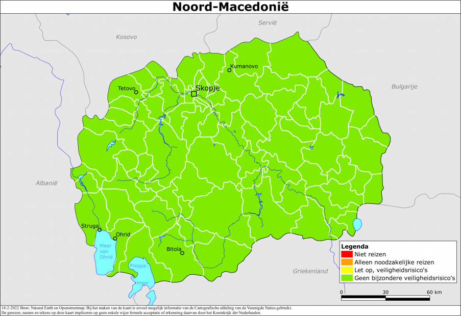 reisadvies kaart Noord-Macedonië