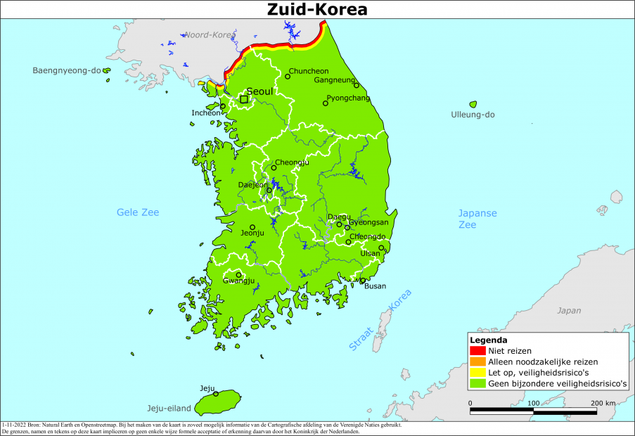 reisadvies kaart Zuid-Korea