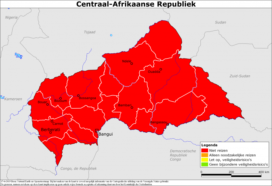 reisadvies kaart Centraal Afrikaanse Republiek