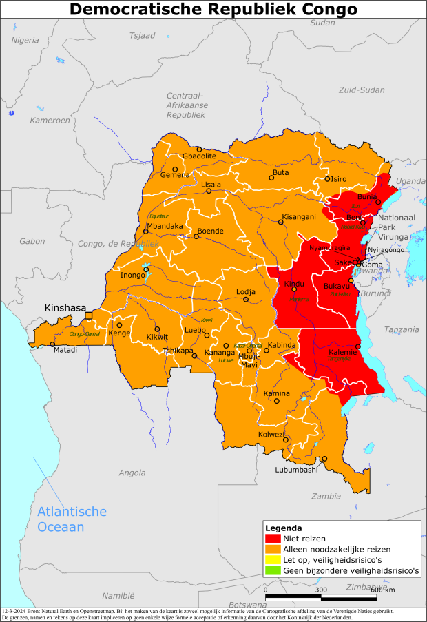 reisadvies kaart Congo, Democratische Republiek