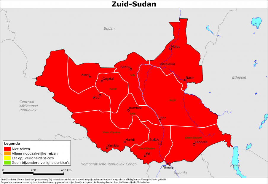 reisadvies kaart Zuid-Sudan